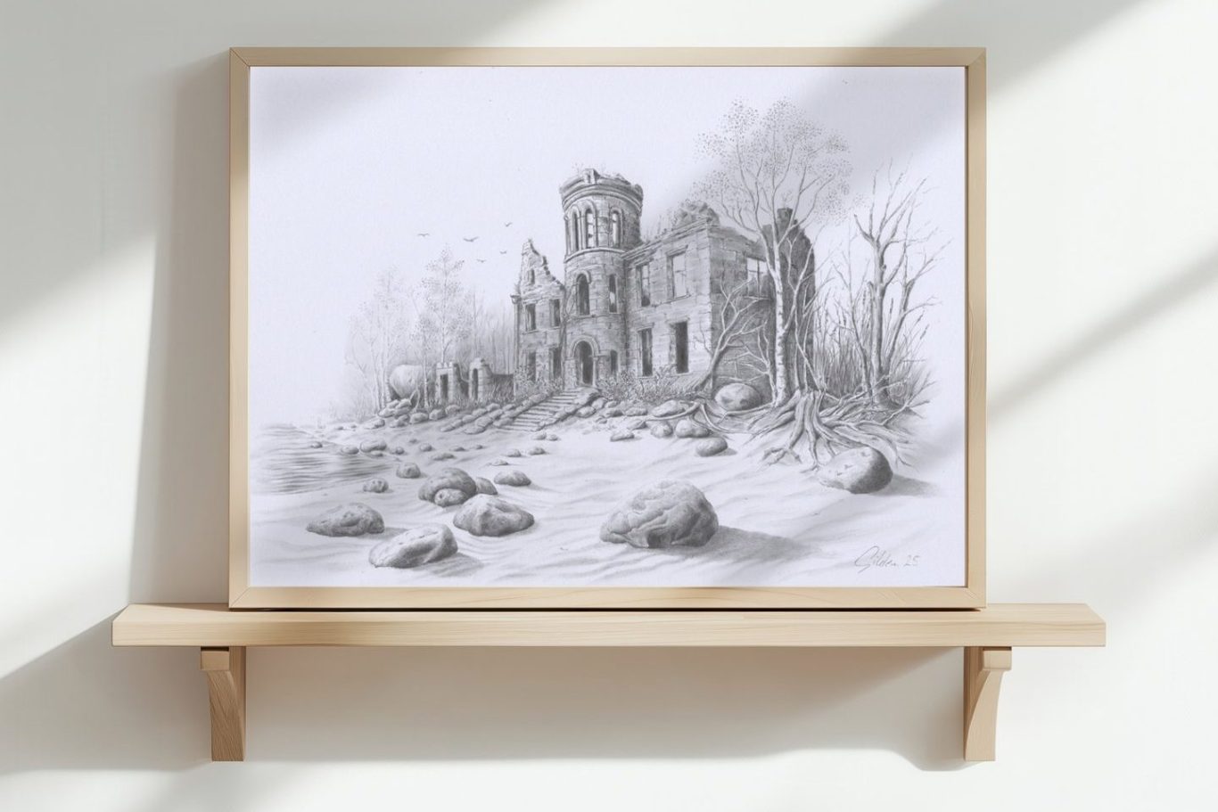 das Strandhaus Bleistiftzeichnung von einer verfallenen Villa am Strand