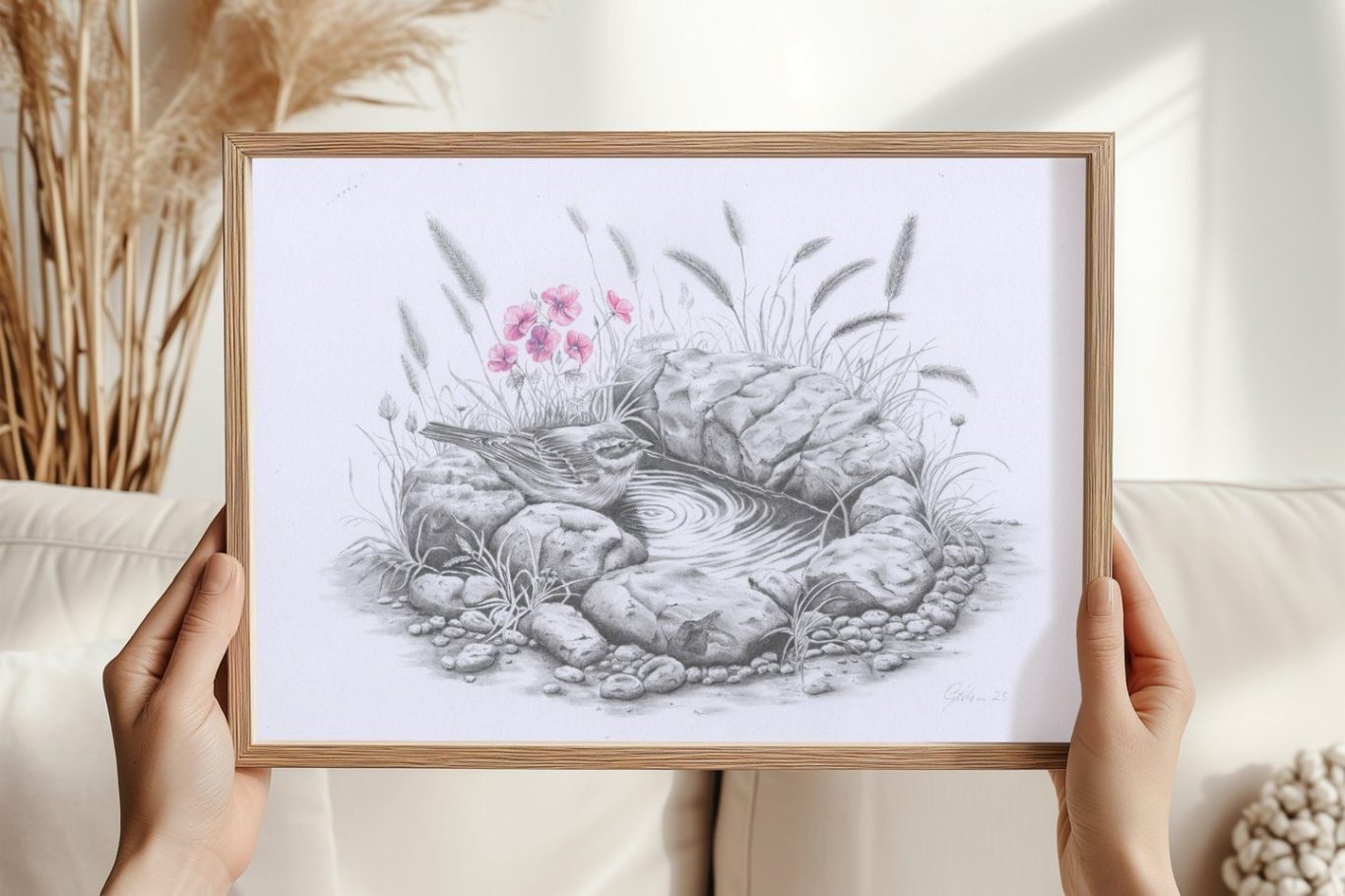 das Vogelbad eine Bleistiftzeichnung von einem Vogel an eine Pfütze